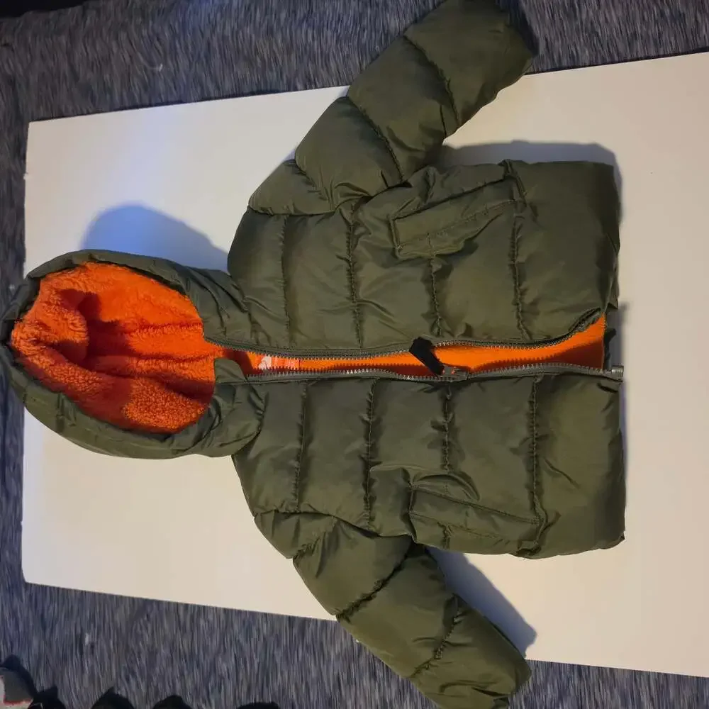 Ozark Trail Toddler Green Puffer Jacket with Orange Fleece Lining 12M